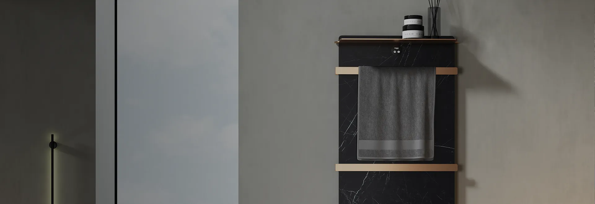 Luxurious bathroom with a modern bathtub, dim lighting, and a view of the night sky